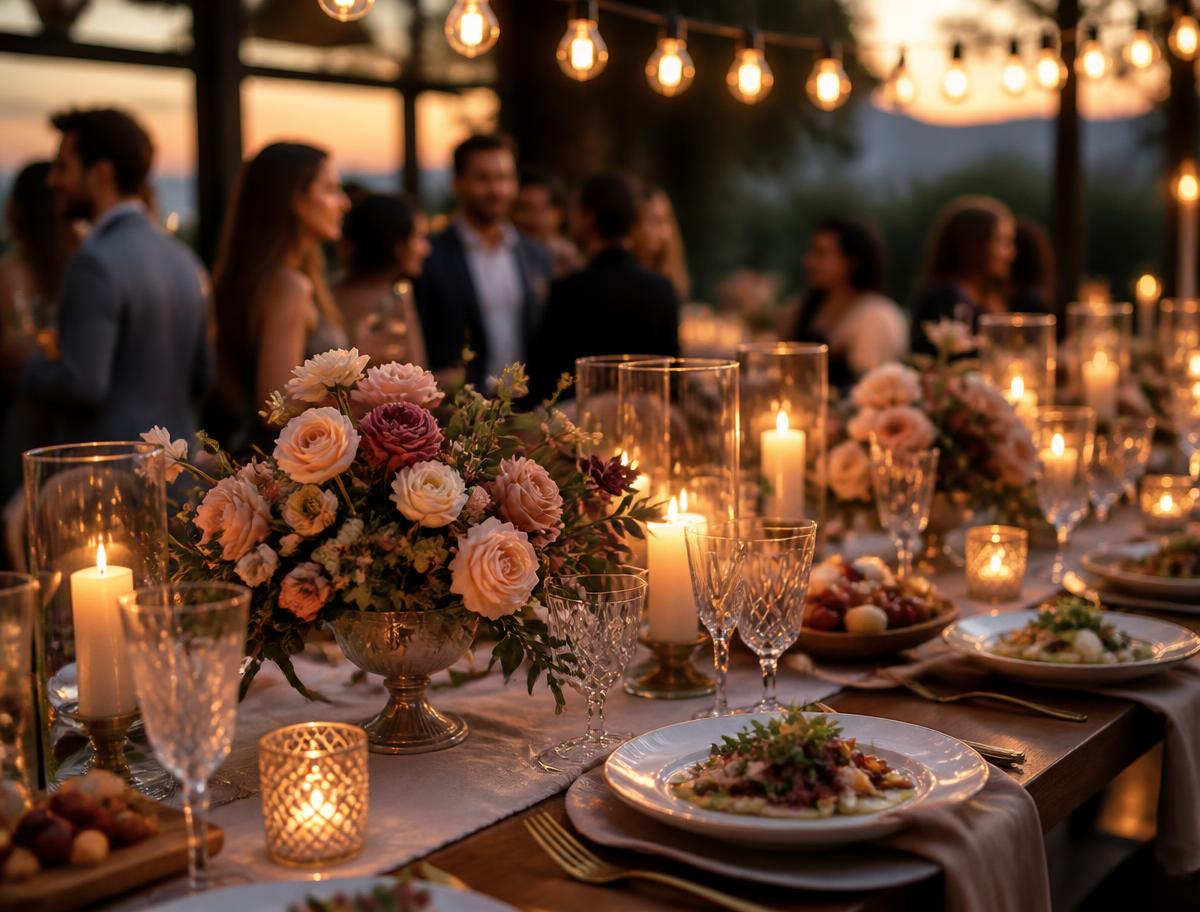 Dukat festbord med blommor och ljus i skymningen