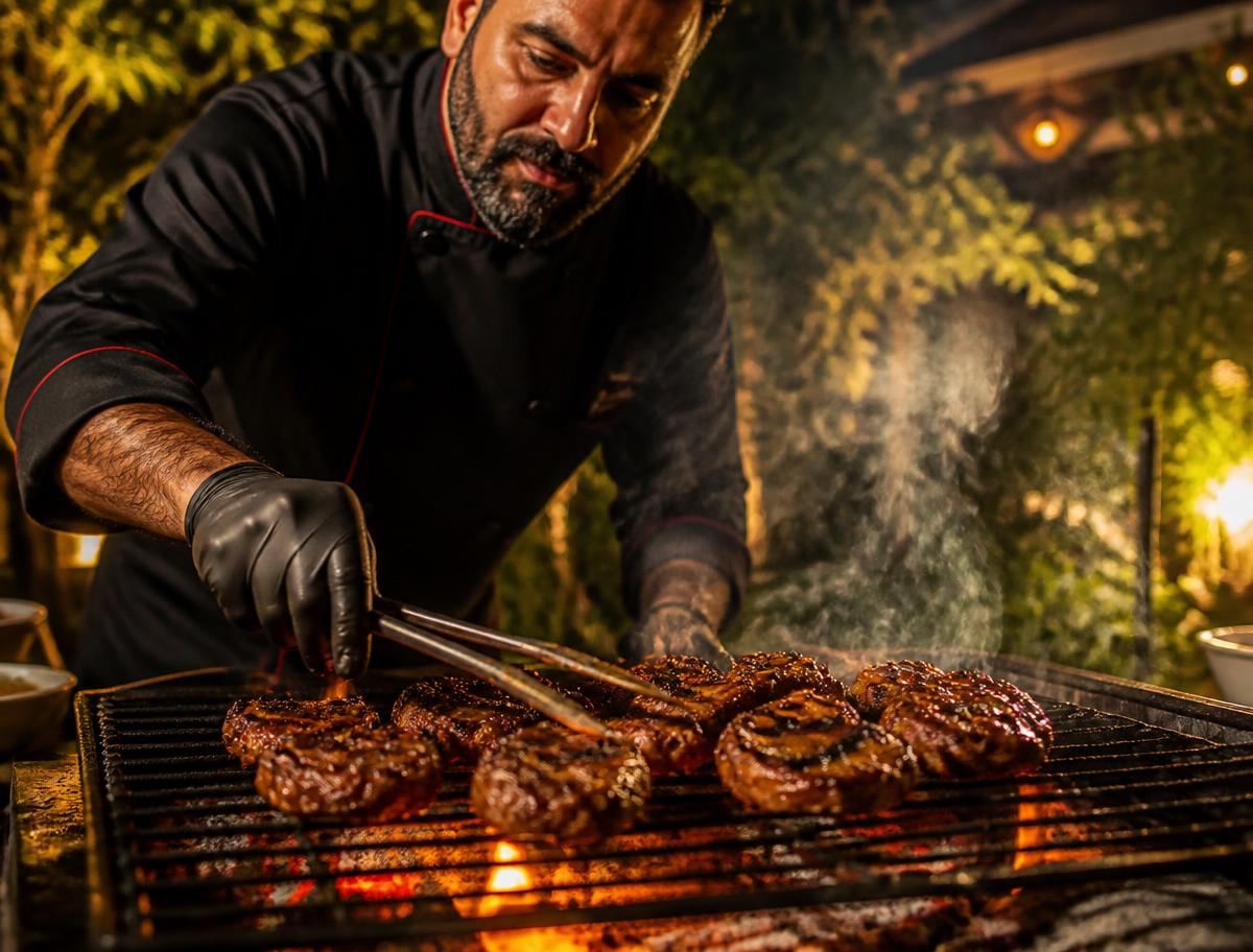 Kock som grillar kött över öppen eld