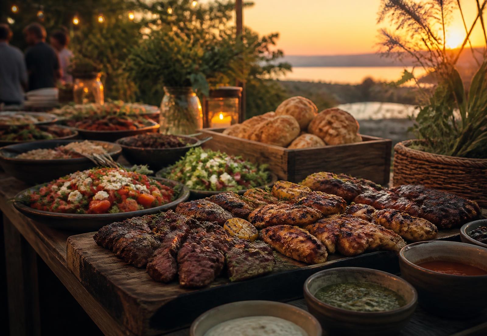 Cateringbord med grillat kött, sallader och bröd i kvällsljus